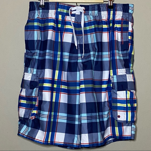O’Rageous Swim Board Shorts Trunks Men XL Blue White Plaid Mesh Lining Pockets - Picture 1 of 8